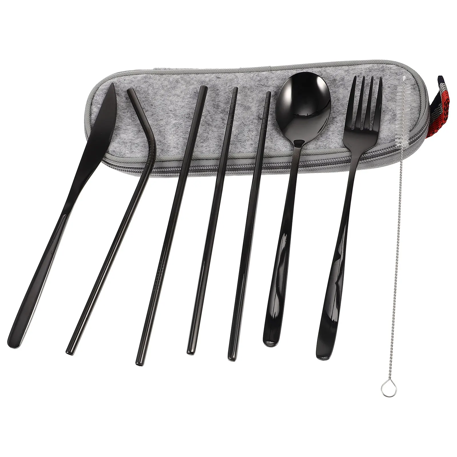 

1 Set Portable Tableware Kit Stainless Steel Fork Spoon Chopsticks Straw Cleaning Brush Storage Bag Travel Utensils Outdoor
