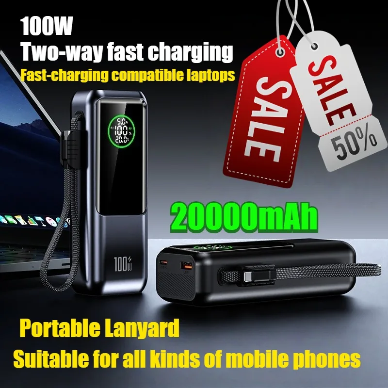 100W Super Fast Charging 20000mAh Power Bank with Built-in Cable Large-Capacity Portable Charger Compatible with Laptops