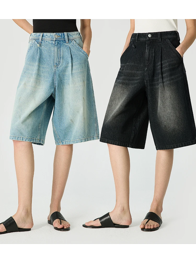 

KEIGAN Fashionable Flexible Loose Slimming Low Waist Five-Point Black Bubble Denim Mid-Pants Casual Wearable All Seasons