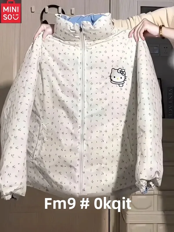 

MINISO Hello Kitty, свободная и универсальная утолщенная хлопковая куртка с цветочным узором в гонконгском стиле и теплая хлопковая подкладка