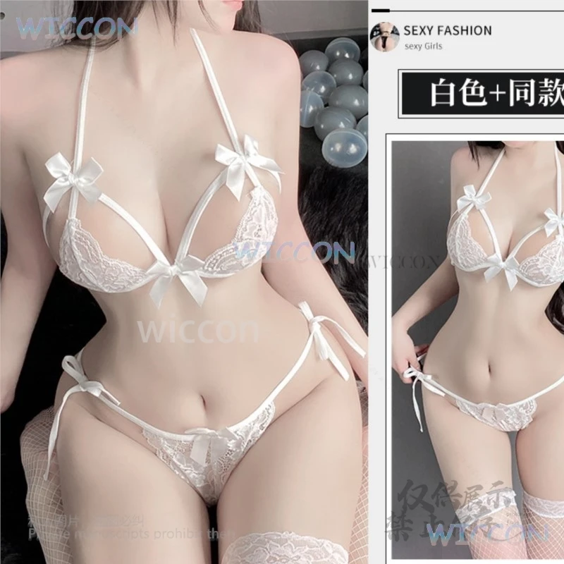 

Three-Point Bra Women Transparent Delicate Erotic Underwear Sexy Lace Seductive Kit Push Up Bowknot Seamless Thong Bra Suit