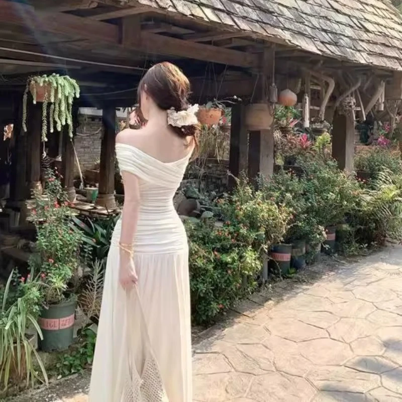 Robe irrégulière froncée en maille pour femmes, col Slash, manches courtes, slim, extensible, tendance, élégante, longue, moulante, tenues