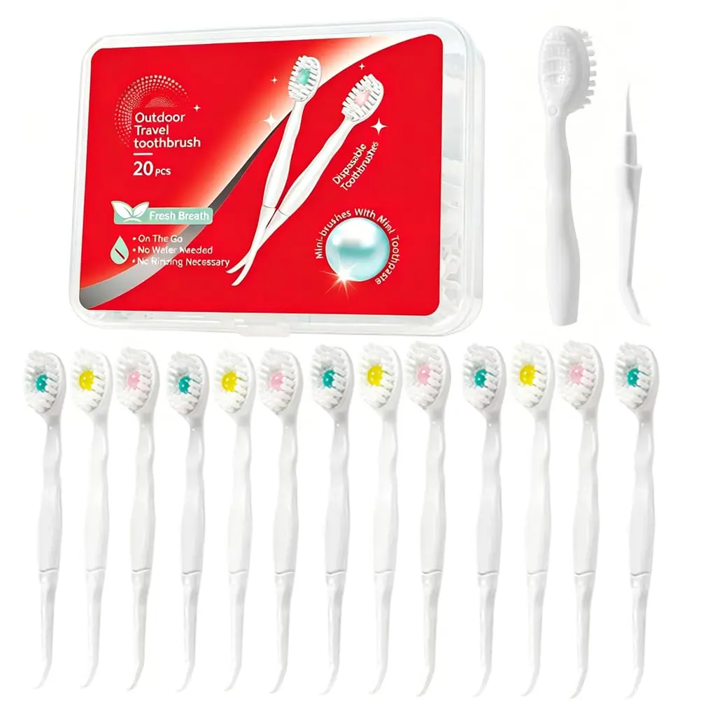 Mini Toothbrush Disposable Portable Bubble Toothbrush Soft Bristle Standard Brush with Toothpick Tongue Scraper 20pcs/box