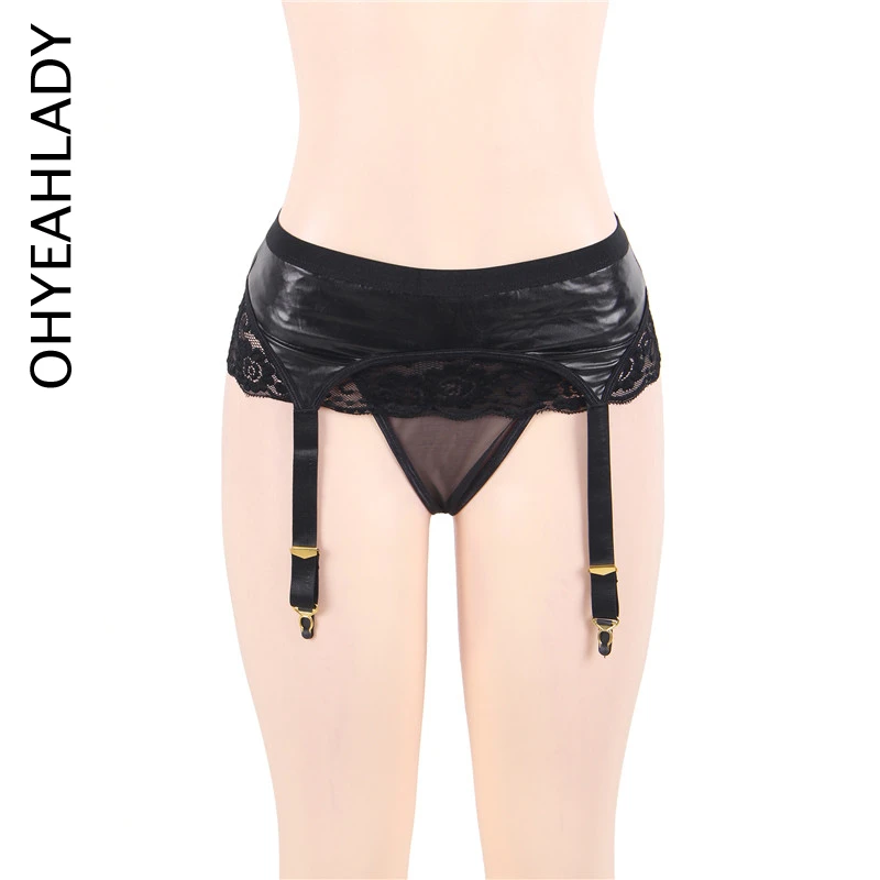 

Women's Black High Quality Leather Garter Belt Underwear See Through Floral Lace 2 Pieces Plus Size Sexy Lingerie Garter Panties