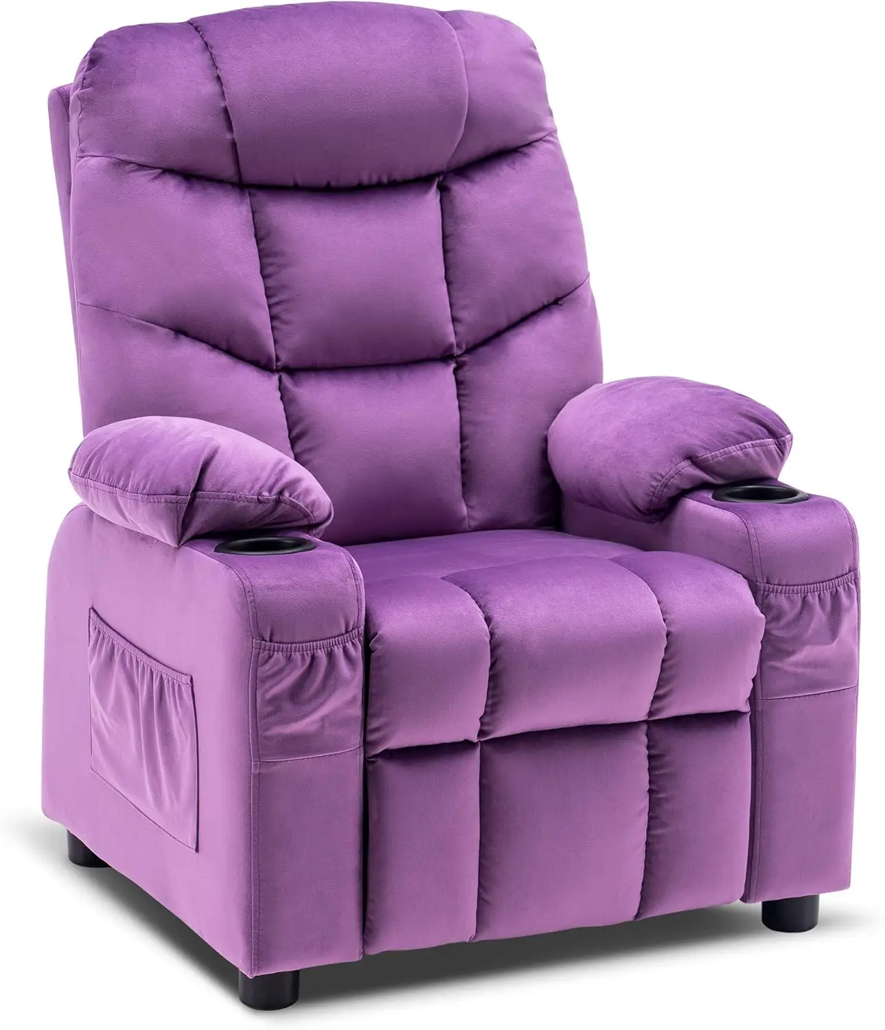 Big Kids Recliner Chair with Cup Holders for Boys and Girls Room, 2 Side Pockets, 3+ Age Group, Velvet Fabric 7355 (Purpl