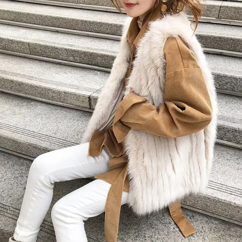 Winter Thick Warm Faux Fur Vest Slim Fit Women High Quality Fashion V-Neck Solid Color Flocking Fur Coat Female Waistcoat N54