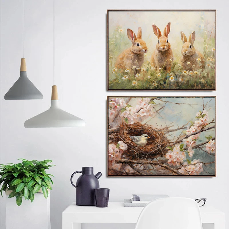 Spring & Easter Poster Spring Wildflower Field Rabbit Family Town City Easter Bunny Canvas Painting Wall Art Picture Home Decor