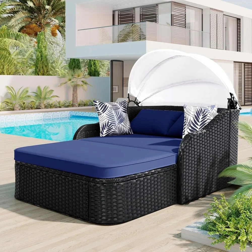 

79.9 Inch Outdoor Sunbed with Adjustable Canopy, PE Rattan Patio Daybed with Curved Armrests and Reclining Backrest