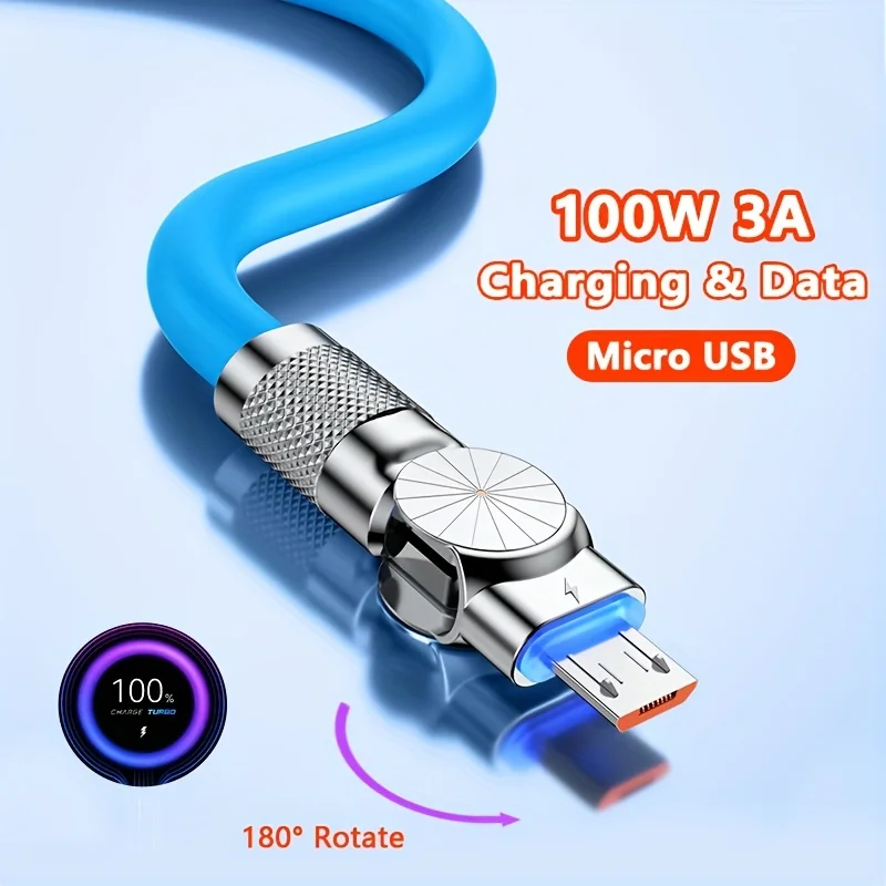 100W 3A Micro USB Elbow 180° Fast Charging Data Cable Liquid Silicone For Playing Game For Galaxy S7/S6/J7