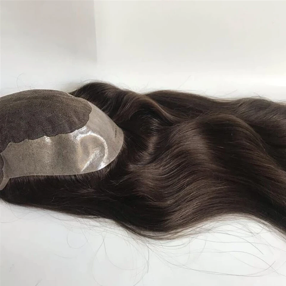 Customized Long Toupee Wig For Men Breathable Lace&Pu Male Hair Capillary Prosthesis 100% Human Hair Men Wigs Natural Color