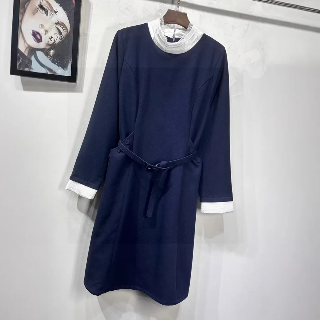 Women Summer Contrast Lace Collar Belted Midi Dress