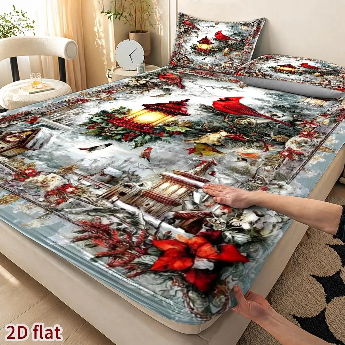 Christmas 2D Digital Print Three-Piece Bedding Set (Includes 1 Fitted Sheet + 2 Pillowcases) Mattress Protector, Fitted Elastic Style, Protective Cover, 2D Flat Priting, Winter Red Bird Snow Scene Theme, Oil Painting Realistic Style, Merry Christmas, Suitable for All Seasons, Machine Washable, Holiday Decoration, Various Sizes, Breathable Protective Cover Plus Pillowcase