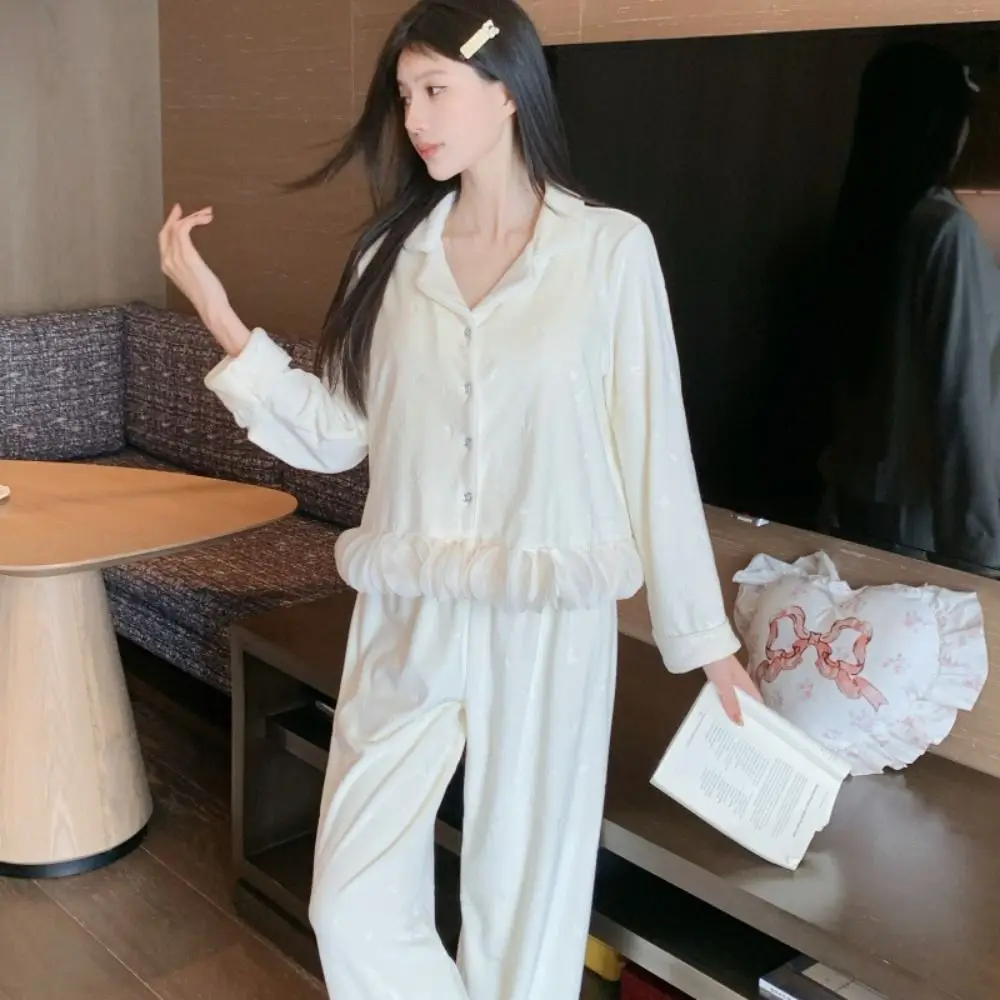 Ins Long Sleeve Bow Pajamas Set Sweet Ruffle Velvet Pajamas Suit Casual Home Wear Warm Thicken Sleepwear Girl