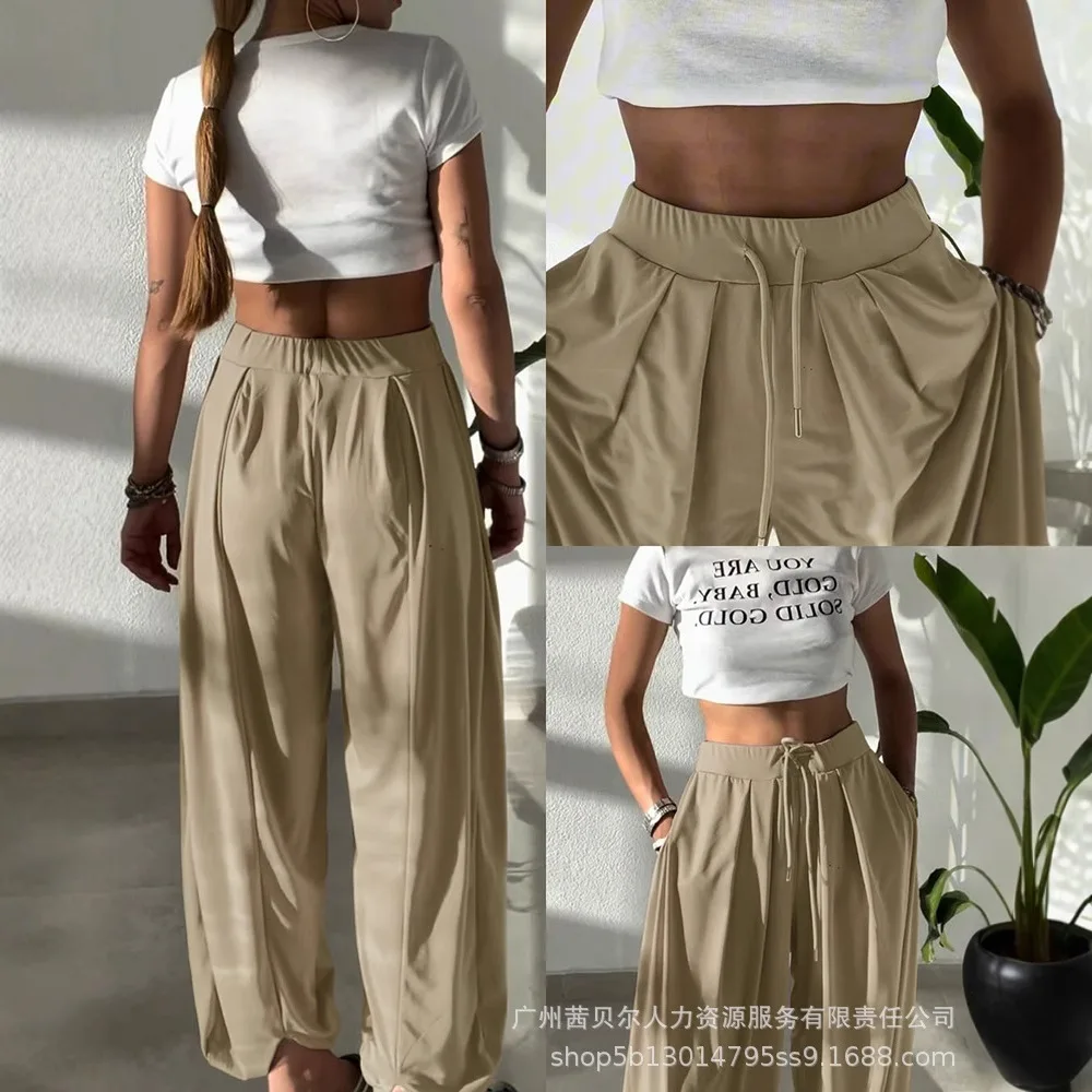 Women Solid Color High Waist Elastic Dtrawstring Cuffed Pants Casual Loose Fit Ruched Pants