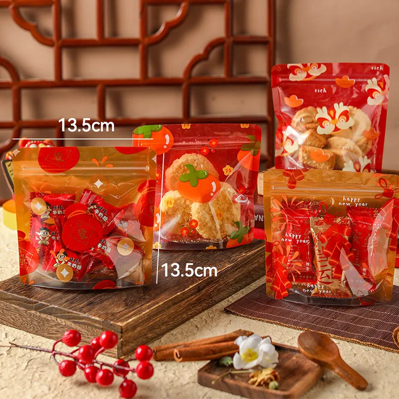 

Carton Gift Bag, Plastic Storage Packing Bag, Snacks, Nuts, Candy, Cookies Packaging, Goodies Bag, Chinese New Year, 50Pcs