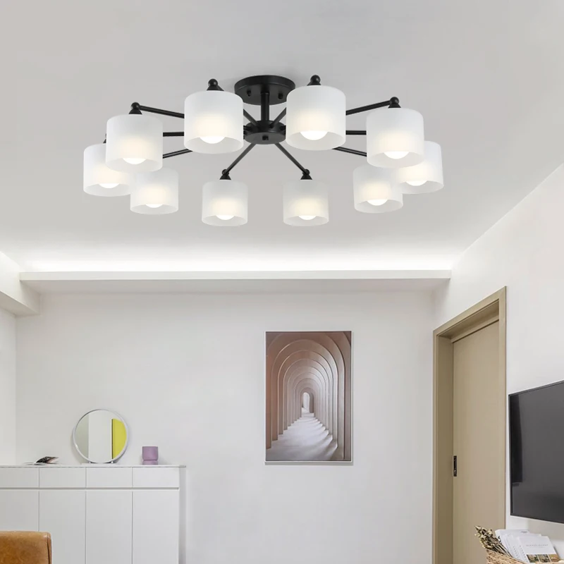 Modern Concise Style Multiple Light Sources LED Chandeliers Milk White Glass Black Wrought Iron Living Room Restaurant Lamp