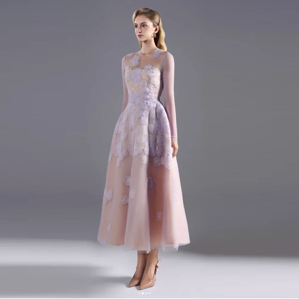 

Exquisite Tulle A-line Ankle Length Prom Gowns Customized O-neck Long Sleeve with Appliques Evening Dresses Party Dress