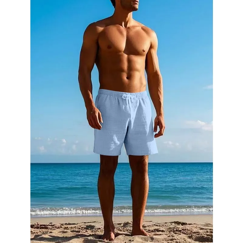 Men's Linen Shorts Pants Solid Color Pants Breathable Beach Pants Casual Five-point Pants