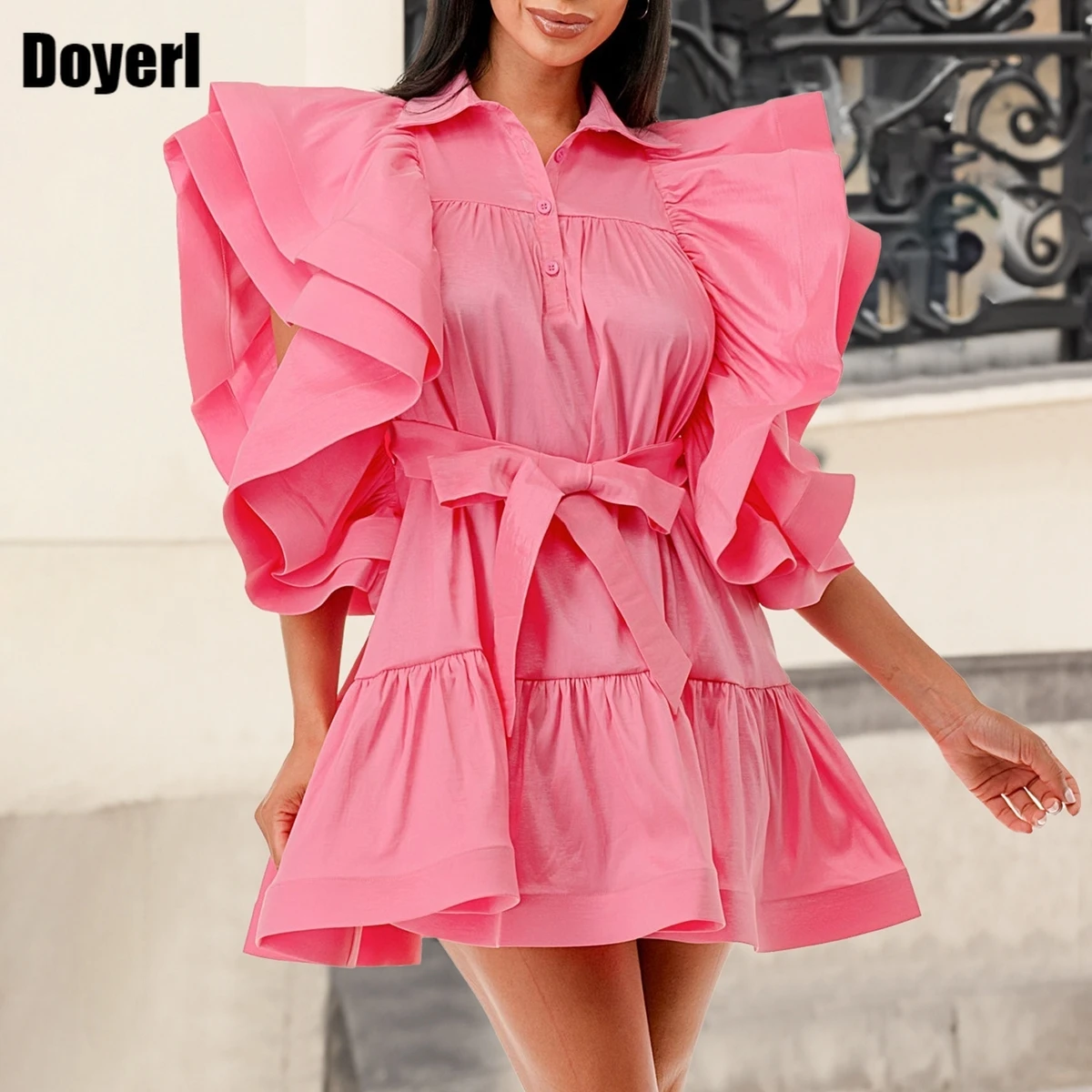 Pink Ruffle Shirt Dress Women Designer Luxury Turn Down Collar Tunic A Line Mini Party Dress Belt Fashion Elegant Shirt Dress