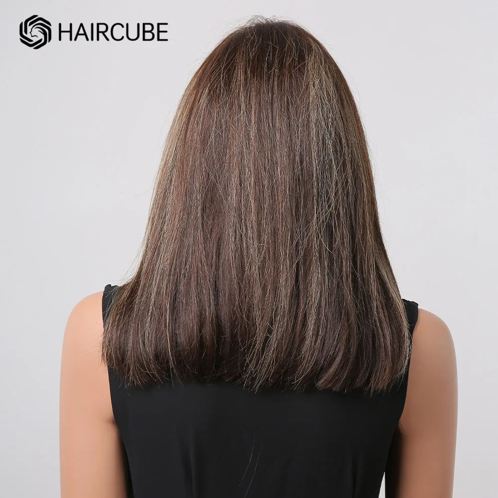 HAIRCUBE Dunkelbraun Bob Spitze Vorne Menschenhaar Perücke mit Blonden Highlights Schulter Länge Lob Frisur Remy Haar Perücken für frauen