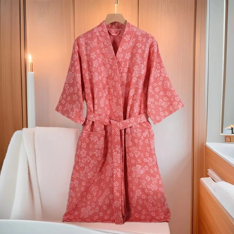 

Print Flower Cotton Kimono Bathrobe Gown Couple Robe Home Dress Spring Autumn Long Sleeve Nightwear Loose Casual Loungewear