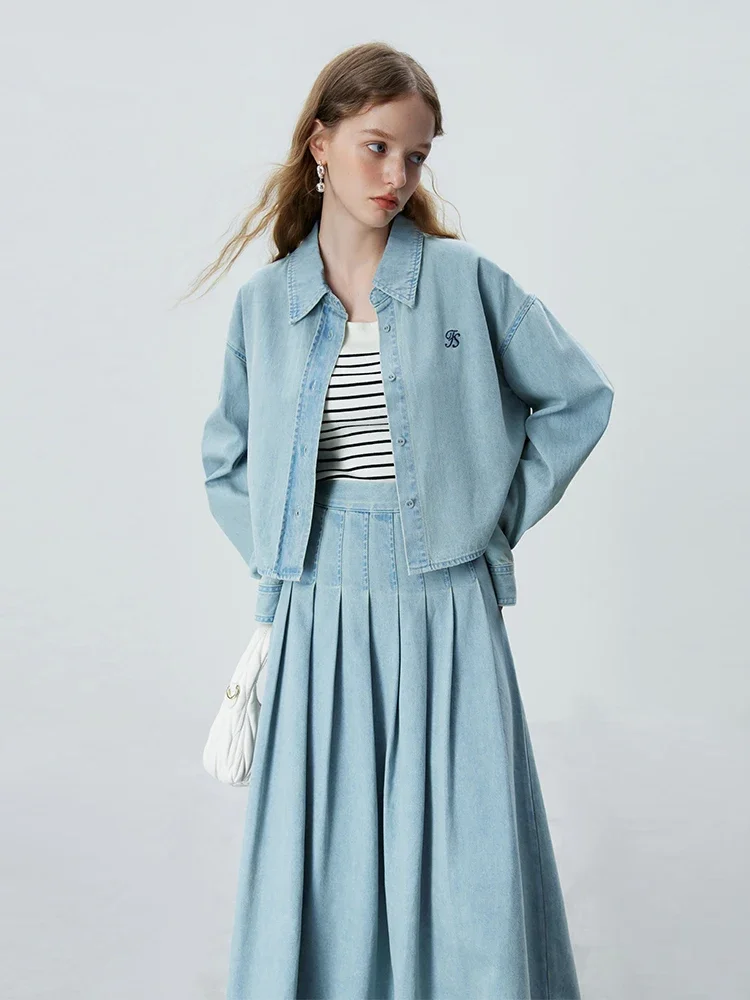 

FSLE Simple Style Pure Cotton Short Long-sleeved Denim Shirt for Women 2023 Autumn New Pleated Skirt Half-length Suit Female