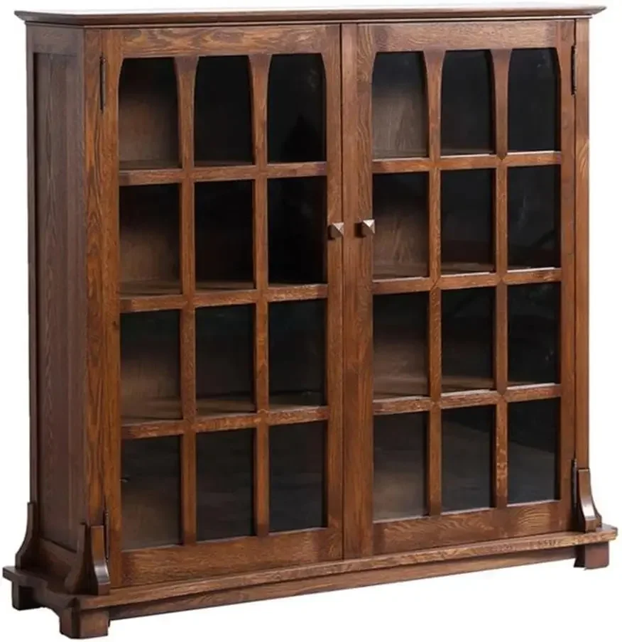 Arts and Crafts Wood Double Door Bookcase in Dark Walnut