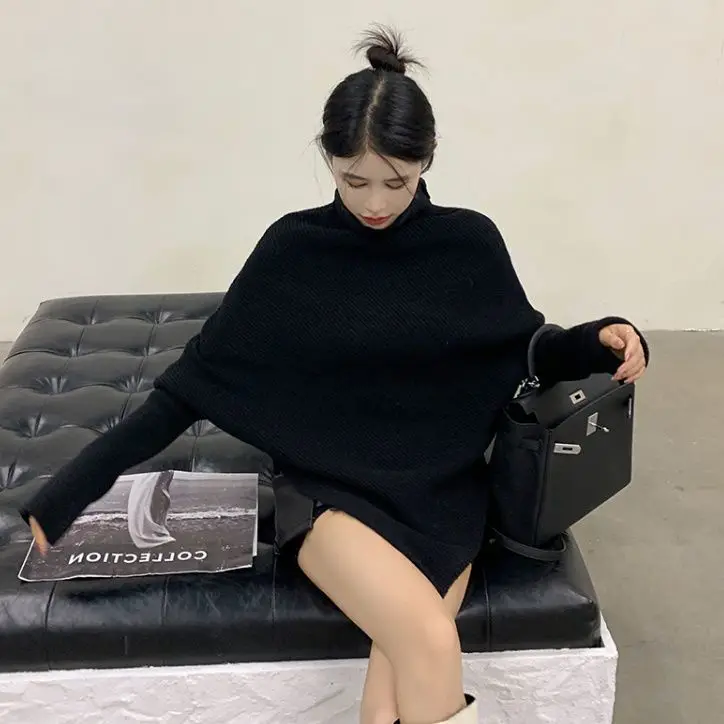 불규칙한 터틀넥 니트 스웨터 2025 가을 겨울 여성 두꺼운 풀오버 스웨터 한국 스타일 하이 스트리트 니트 스웨터