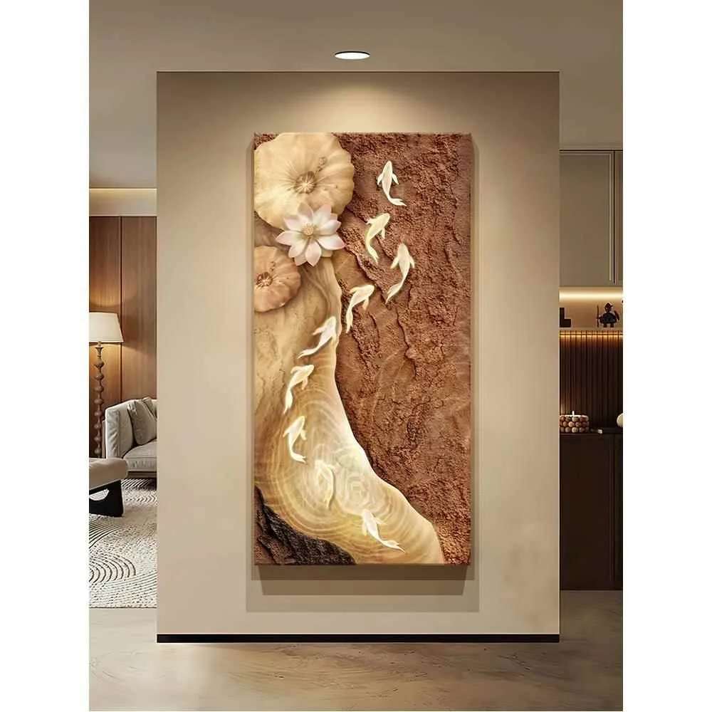 Contemporary Wabi-Sabi Style Wall Picture Embossed Texture Golden Flower Art, Elegant Vertical Canvas for Sofa Background