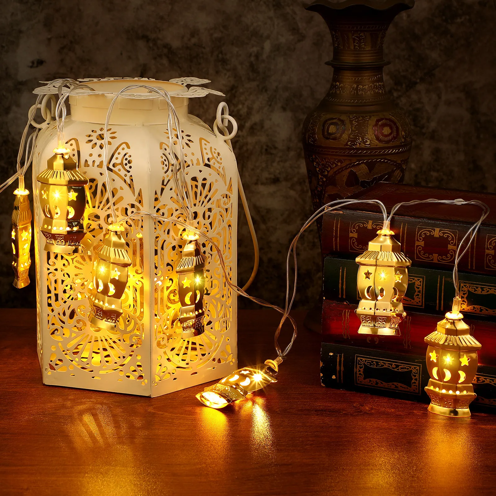 

Golden Eid Lantern Ramadan LED String Lights Warm White Iron Ramadan String Light Tower Moon Star Design Festive Decor