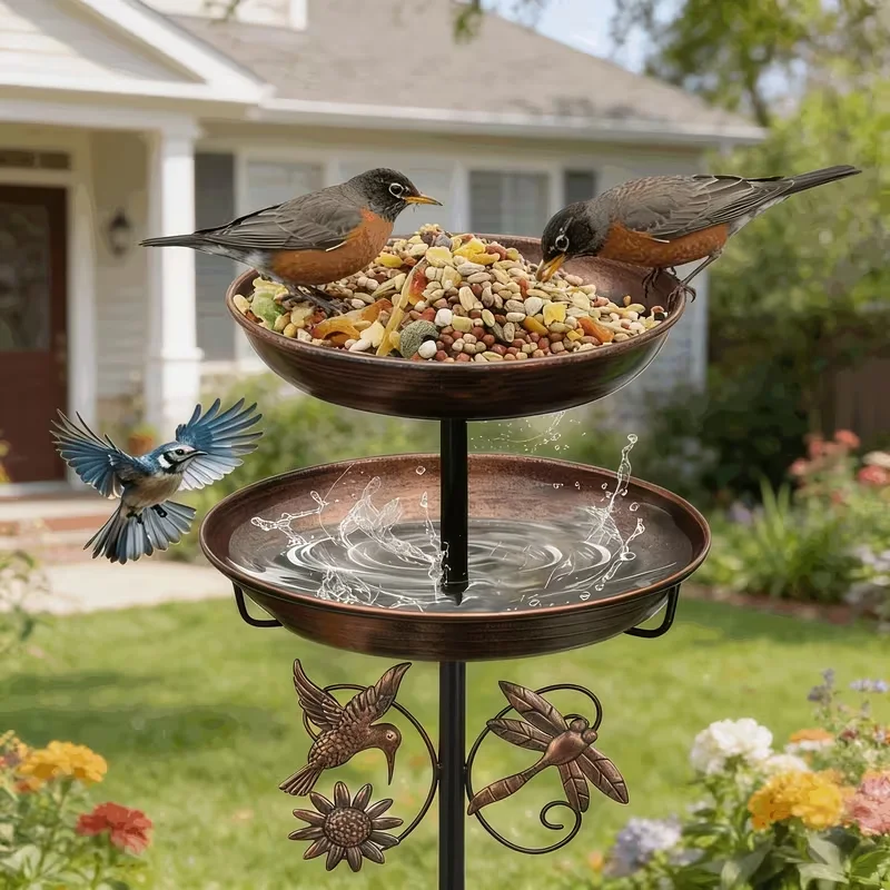 Outdoor Floor Double-Layer Metal Bird Bath, Bronze Double Basin with Sturdy Three-Prong Ground Stake, Hummingbird & Dragonfly Ornaments, Garden Patio Backyard Birding, Durable Weather-Resistant Bird Pool