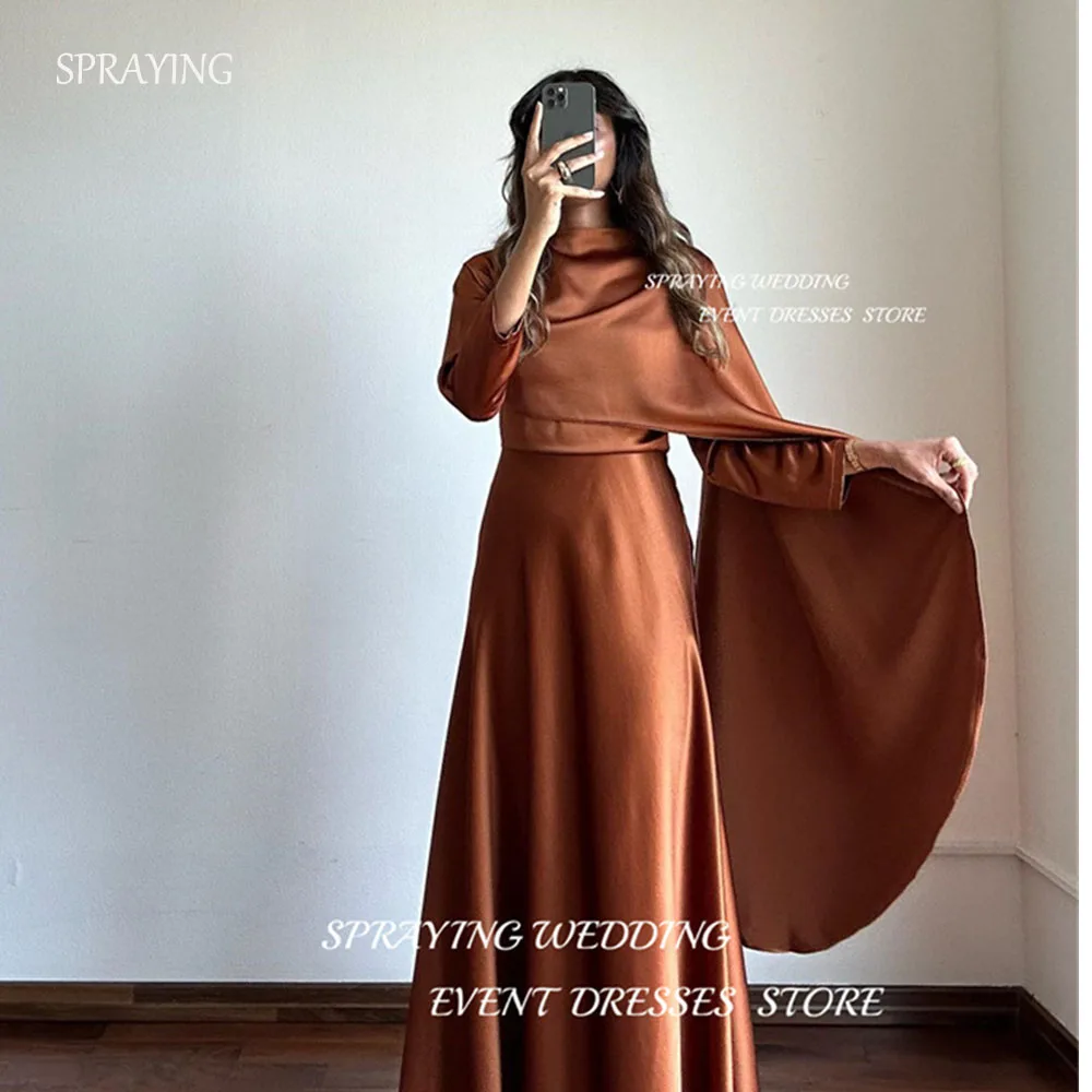 

SPRAYING Elegant A-line shawl Prom Gown for Women Saudi Arabia High Neck Full Sleeve Draped Floor-Length