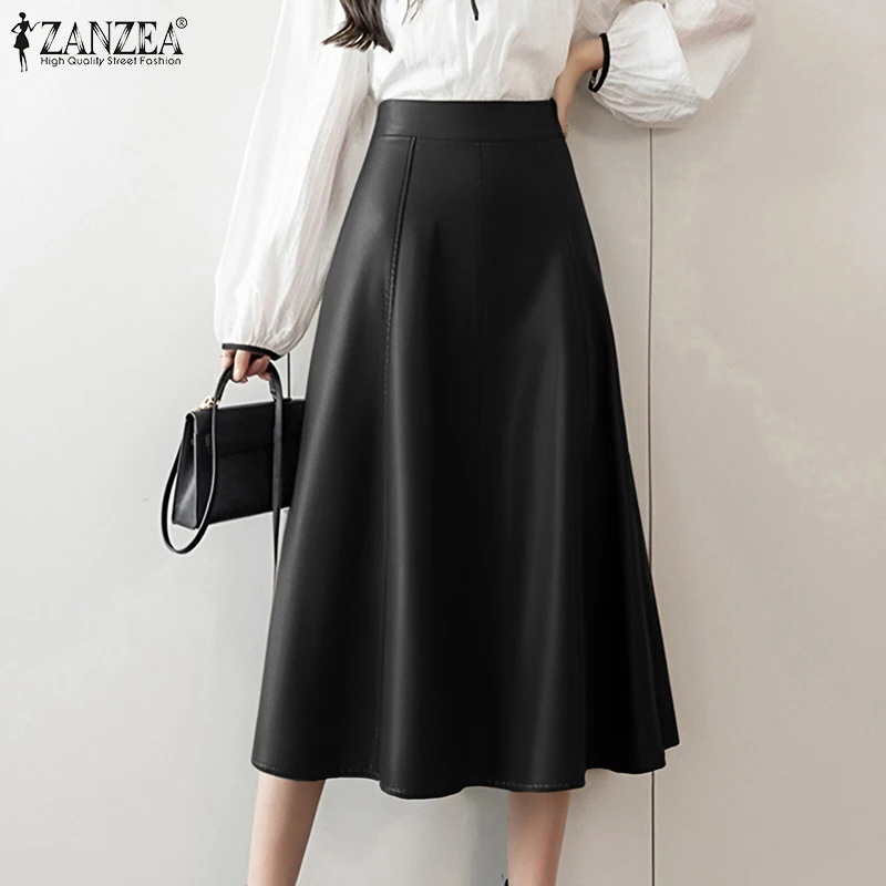 

ZANZEA Autumn Women PU Lady Skirt Fashion Leather High Waist Skirt Office Elegant Midi Jupes Solid High Waisted Party Falda