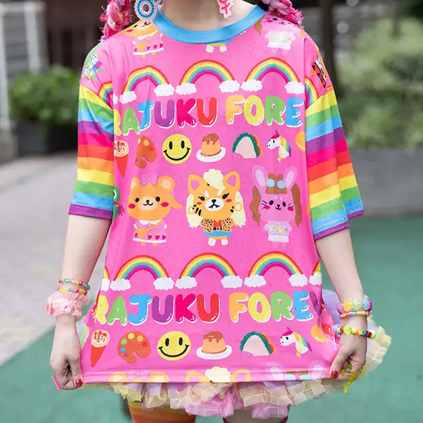 Summer Japanese-style Original Kawaii  Rainbow Harajuku T-shirt Kids/adult Subculture Y2k Cosplay Loose Plus-size Short Sleeves