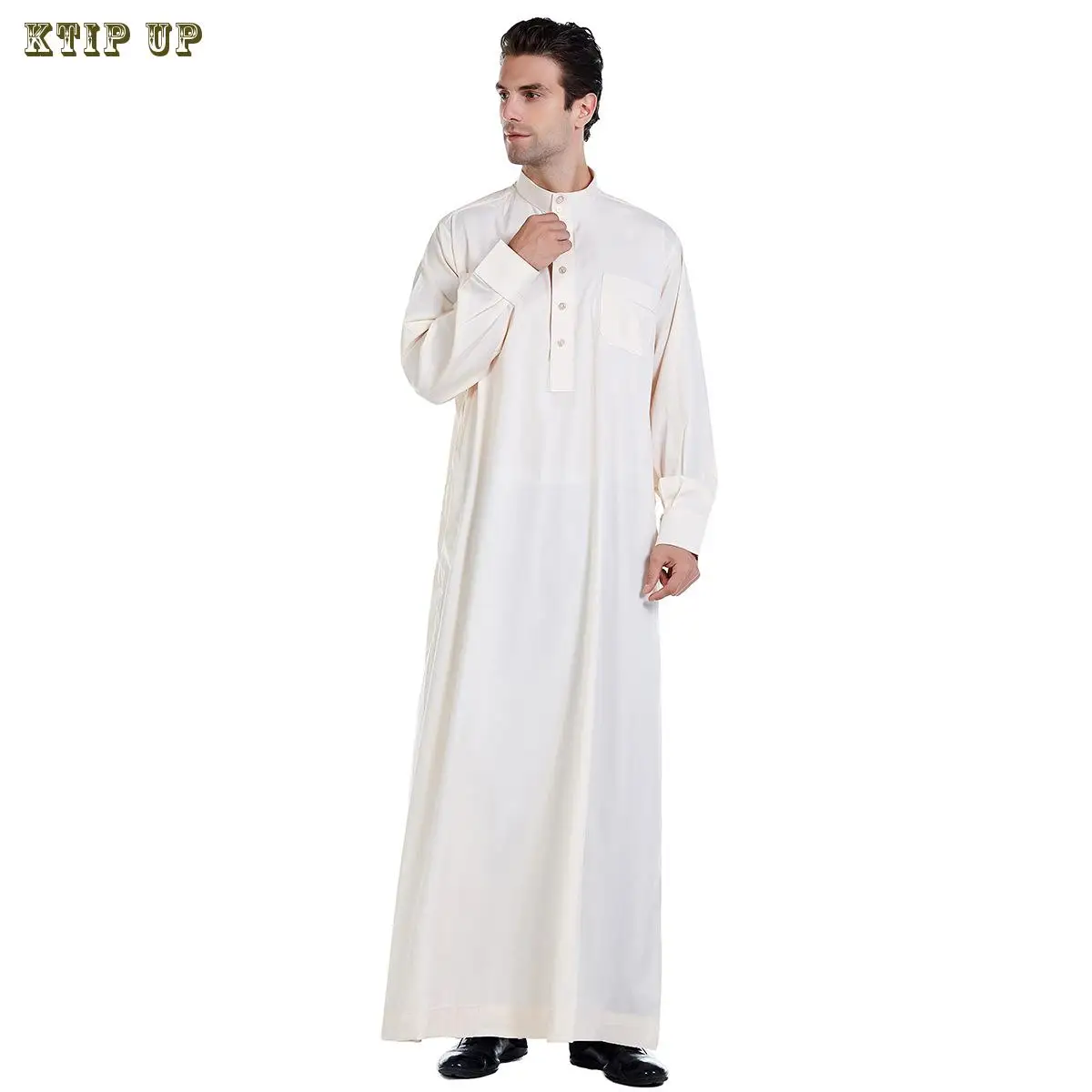 Moslim Robe Wit Gele Mannen Caftan Lange Mouw Ronde Knoop Moslim Kleding Ademend Eid Midden-Oosten Jubba Thobe Geschenk Arabisch