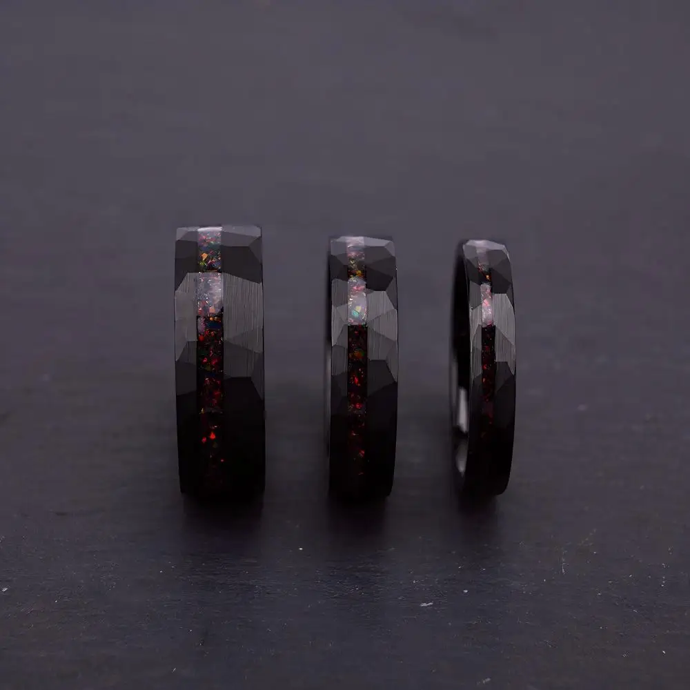 4mm IP Black Plated Channel Set Opal Hammered Tungsten Carbide for Men Women Couple Promise Ring Set Free Shipping