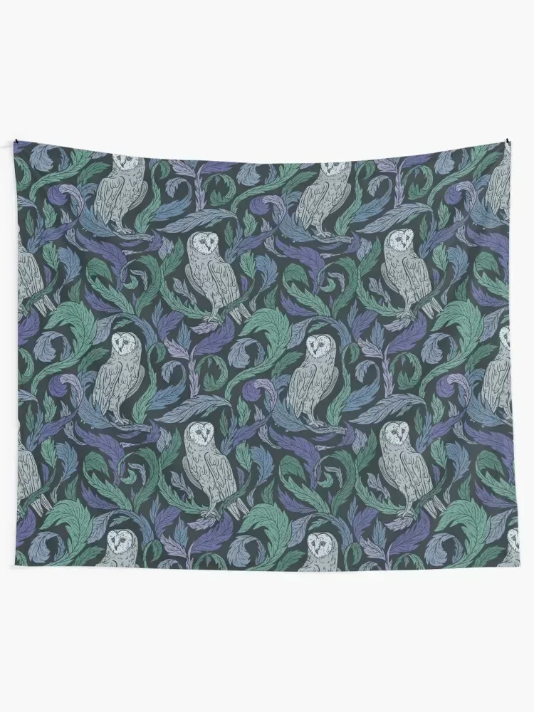 Cottagecore Blue Mystical Owls with Feathers Purple Green Folk Art Tapestry Room Decore Aesthetic Aesthetic Room Decor Tapestry