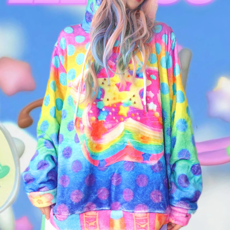 Pakaian Wanita Musim Gugur Musim Dingin 2025 Motif Bintang Warna-warni Desain Asli Polka Dot Y2k Sweatshirt Fleece Longgar Berkerudung untuk Wanita