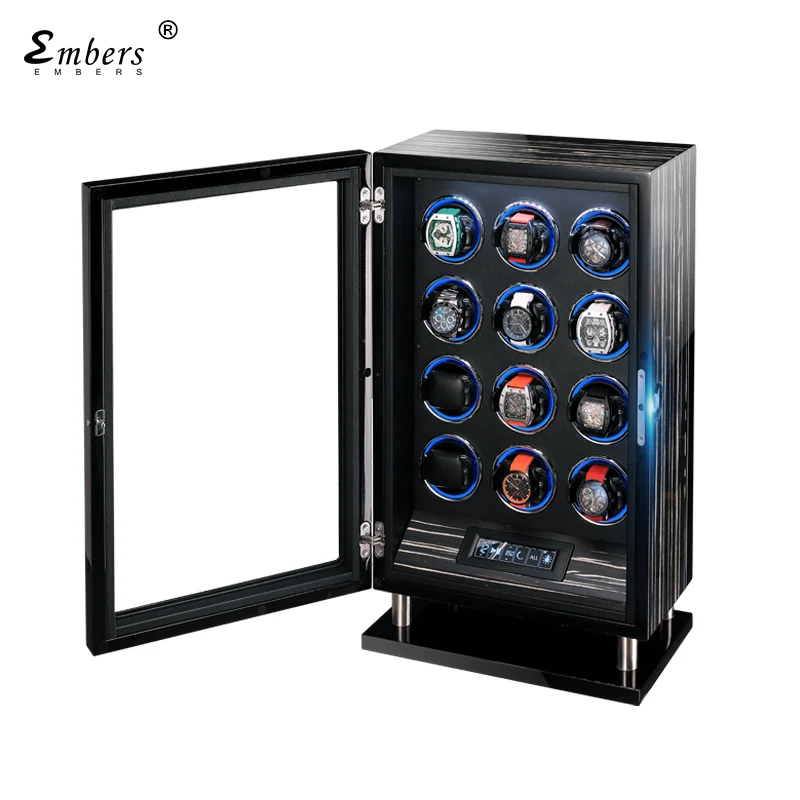 Embers Luxury Automatic Watch Winder Wood Mabuchi Motro Mechanical Watches Box Shaker LCD Touch Screen Wooden Storage Safe Case