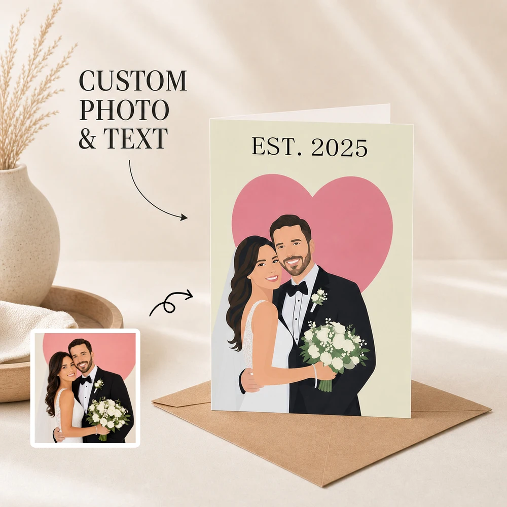 Custom Couple Wedding Folded Card,Photo To Vector Illustration,Included Kraft Envelope,Marriage Anniversary,Memory Collection