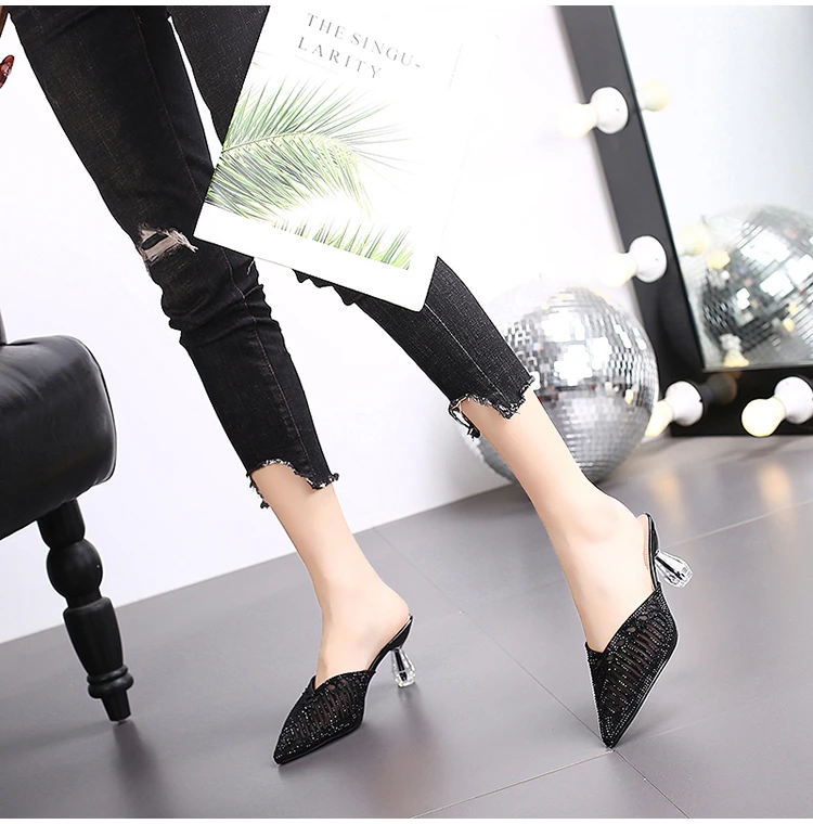 2023 Summer Elegant Women Fashion Slipper Pointed Toe Half Slippers Women's Stiletto Mid Heel Mesh Comfortable Sandals