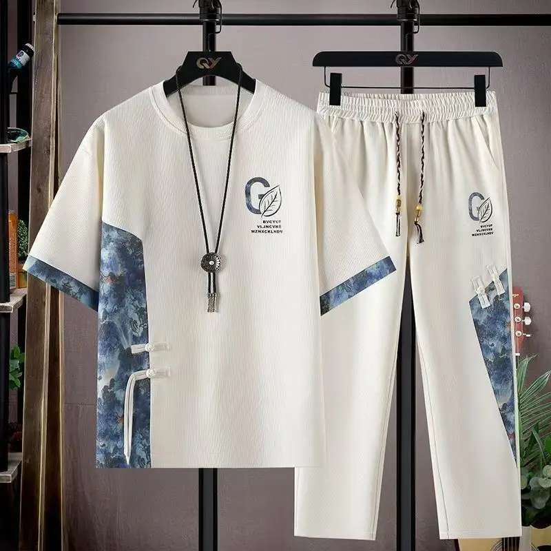 

Summer Men's Trousers Tracksuit 2 Piece Set Fashion Tops Tees Ice silk Short Sleeve T Shirt + Pants Casual Sweatpants