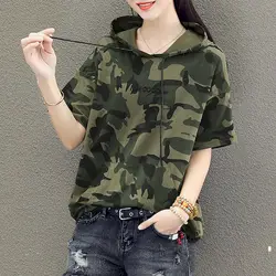 Hooded T-shirt Women Camouflage Short-sleeved Cotton T Shirt Summer Korean Style Tops Loose Thin Camouflage Uniform Student Tops