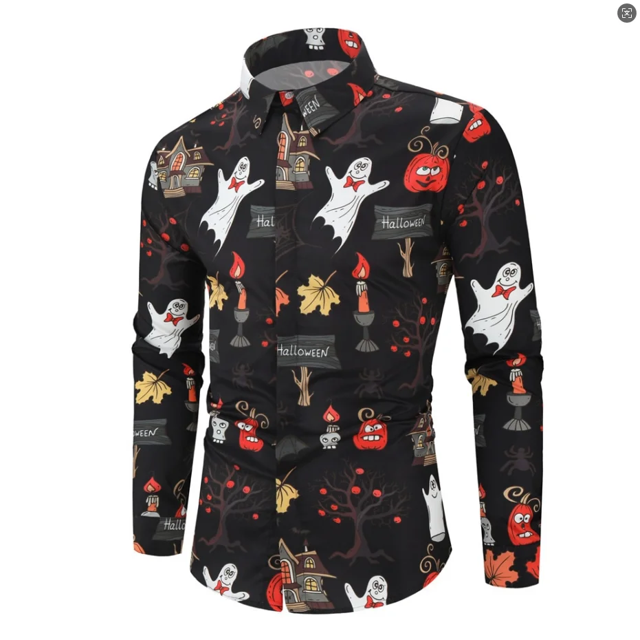 Men's Halloween 3D Printed Lapel Long Sleeve Shirt Pumpkin Ghost Pattern Trendy Casual Daily Wear Polyester Fabric