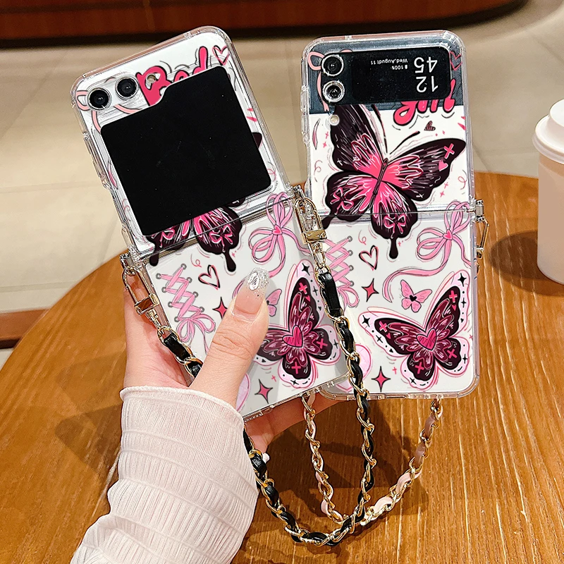 Funda con cordón de cuerda de Metal para Samsung Galaxy Z Flip7 Flip6 Flip5 Flip4 Flip 7 FE 6 5 4 3 5G, funda trasera de TPU con estampado de mariposa rosa