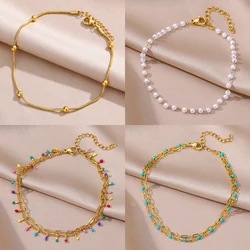 Stainless Steel Imitation Pearl Anklets for Women Gold Color Chain Ankle Bracelet Anklet Summer Beach Jewelry Accessories Gift