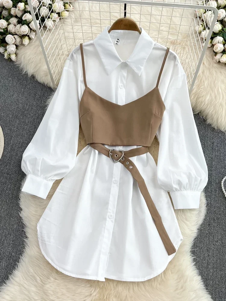 Women Spring Autumn New Vintage Hong Kong Style Temperament Waist Slim White Shirt Dress Two Piece Strap Vest D3094