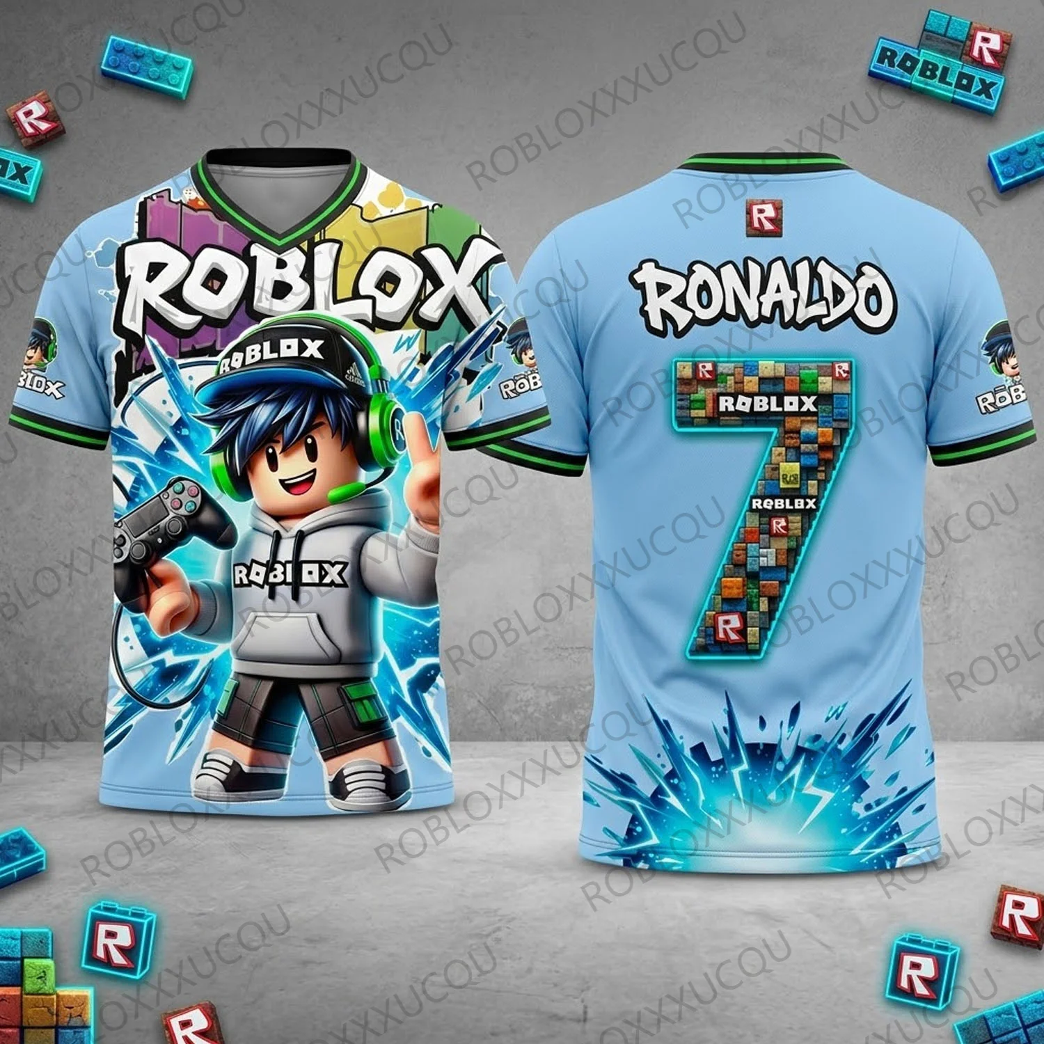 Maillot de football Roblox Ronaldo numéro 7 imprimé en 3D, t-shirt à manches courtes, col en V, vêtements de sport d'été pour jeunes