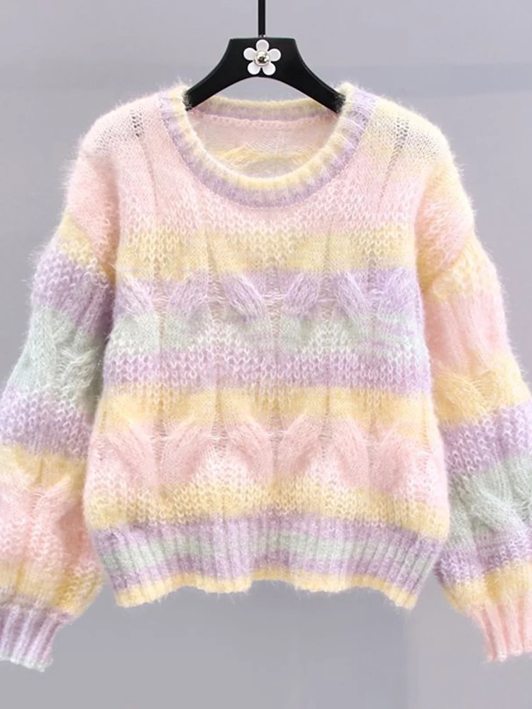 Zoki Korean Rainbow Striped Sweaters Women Long Sleeve Sweet Knitted Jumpers Casual O Neck Loose Design Female Pullovers Autumn