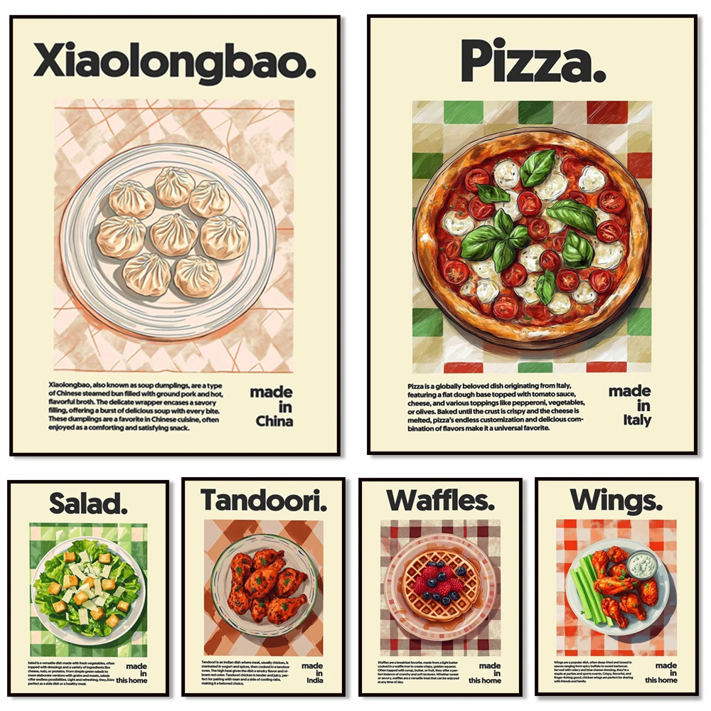 Salad, bagel, grilled cheese, tacos, borscht, fast food, curry, sushi, steak, Peruvian ceviche, Moroccan tagine, food poster